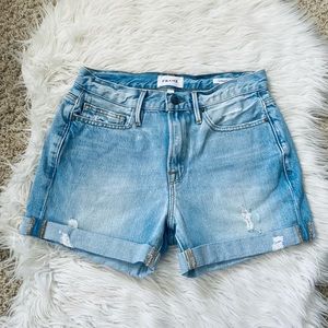 {FRAME} Le Beau Distressed Jean Shorts in Light Blue Wash - Women's 23